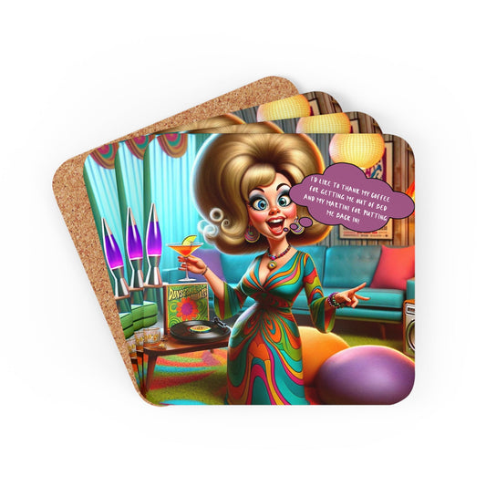 1960s Snarky Housewife Funny Martini Drinking Lover, Cocktail Hour, Mod Corkwood Coaster Set - Snarkyhousewife