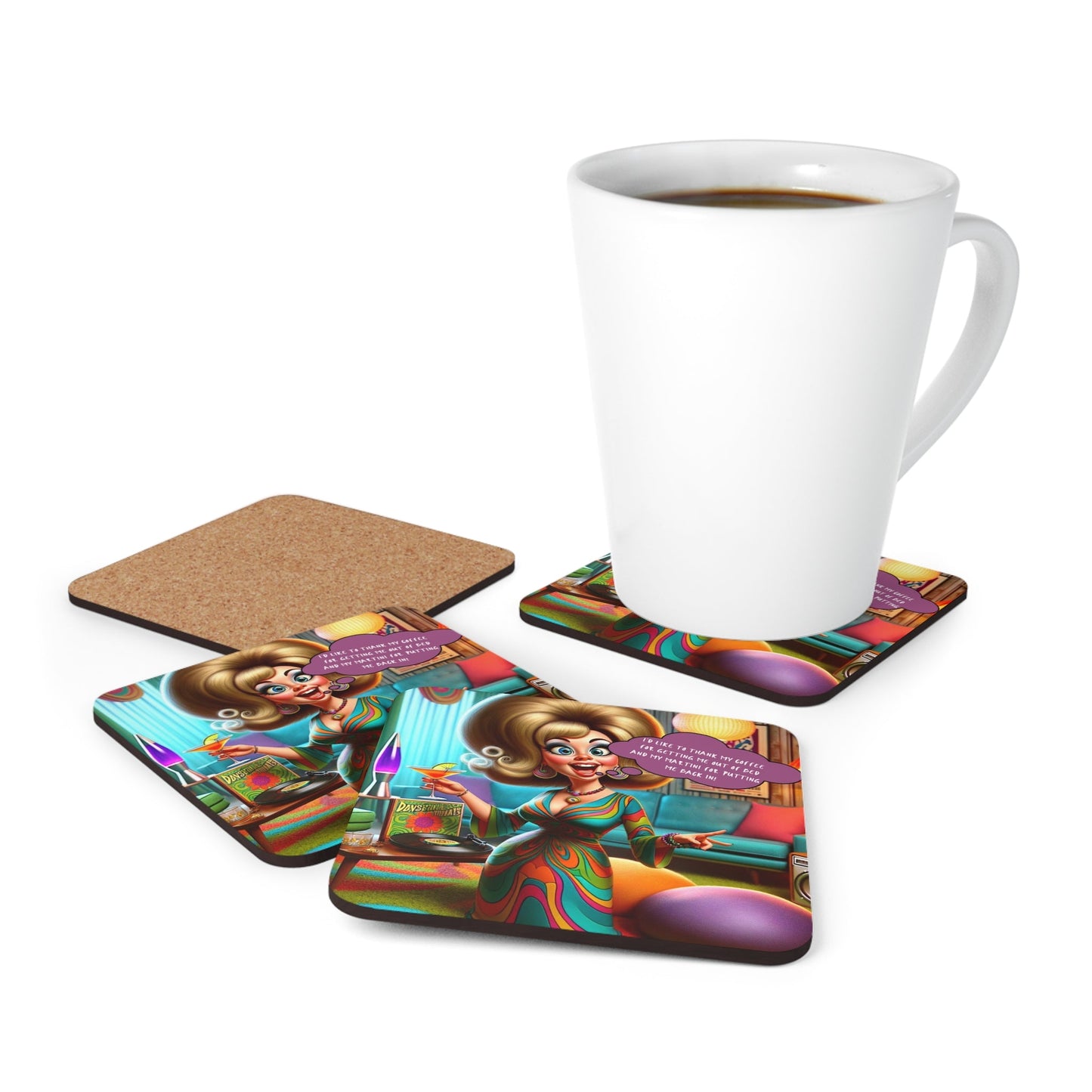 1960s Snarky Housewife Funny Martini Drinking Lover, Cocktail Hour, Mod Corkwood Coaster Set - Snarkyhousewife