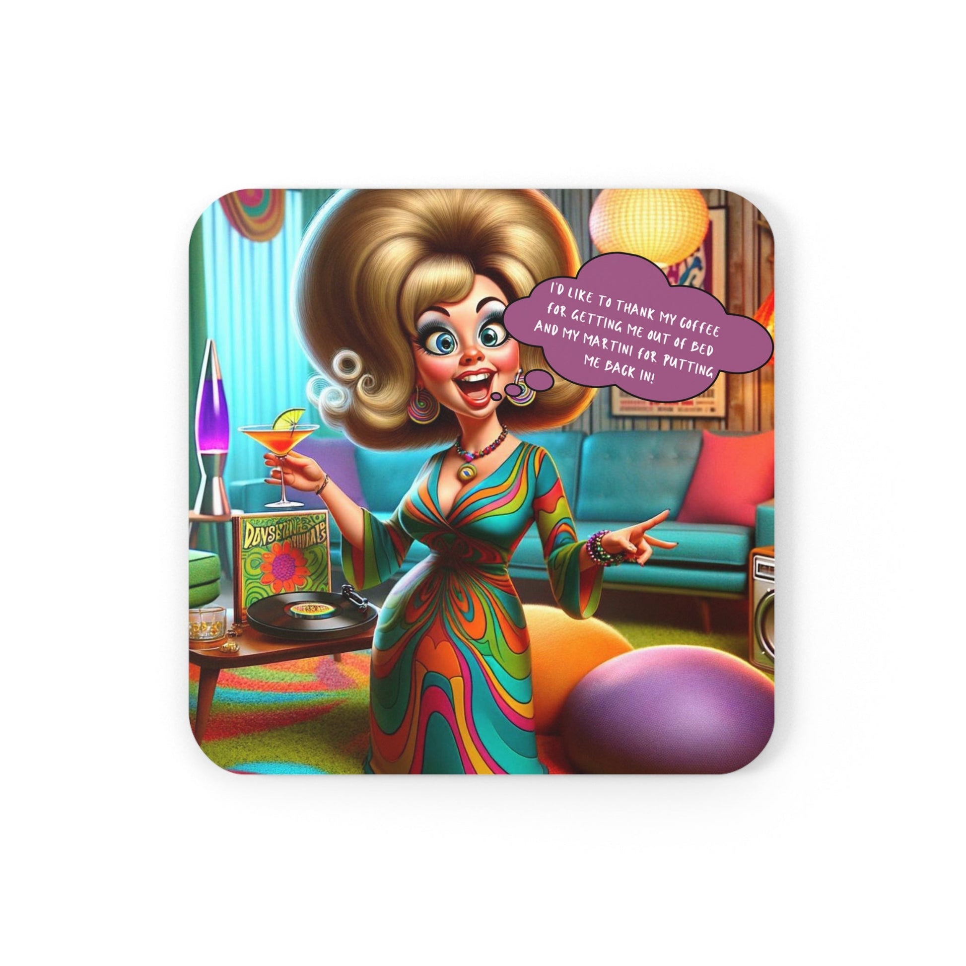 1960s Snarky Housewife Funny Martini Drinking Lover, Cocktail Hour, Mod Corkwood Coaster Set - Snarkyhousewife