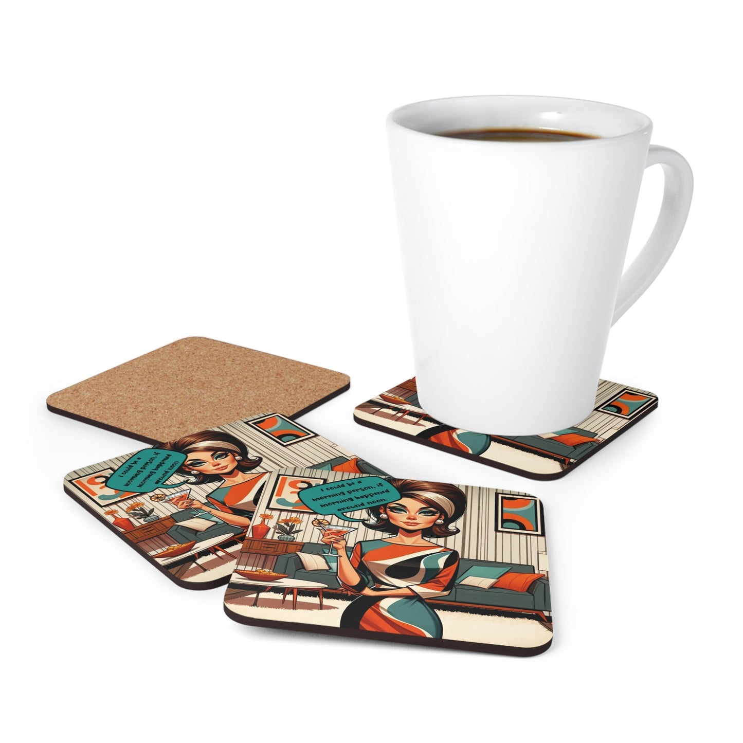 60s Mod Snarky Housewife, Martini Drinking Mod Barware Corkwood Coaster Set - Snarkyhousewife