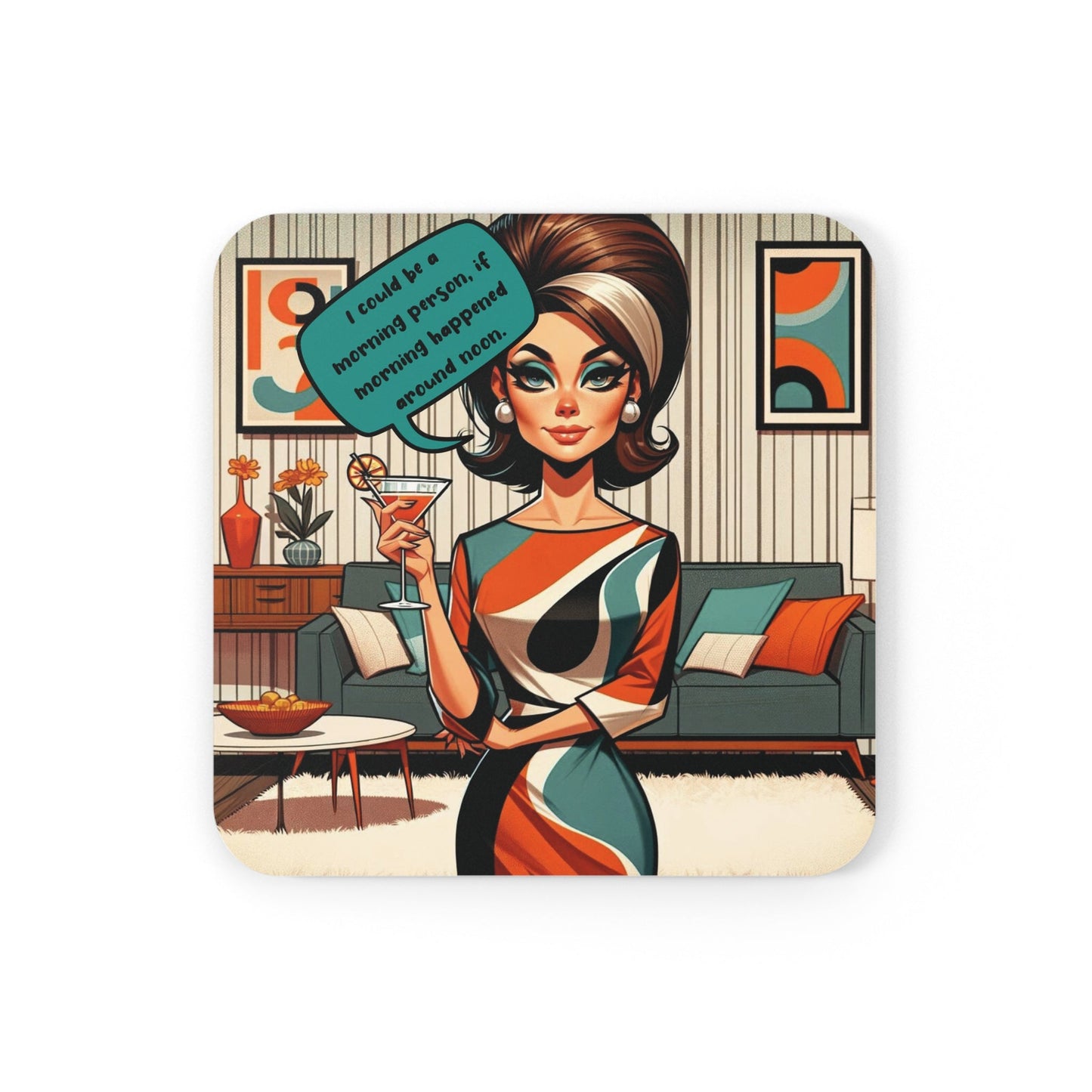 60s Mod Snarky Housewife, Martini Drinking Mod Barware Corkwood Coaster Set - Snarkyhousewife