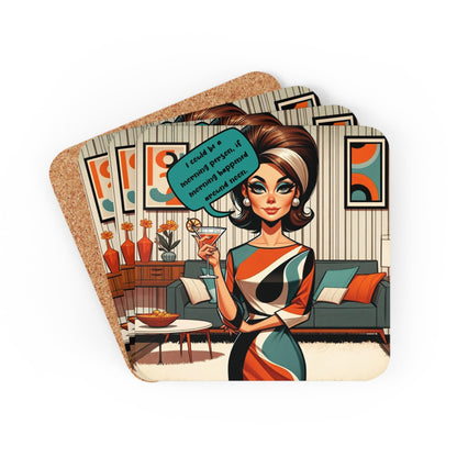 60s Mod Snarky Housewife, Martini Drinking Mod Barware Corkwood Coaster Set - Snarkyhousewife