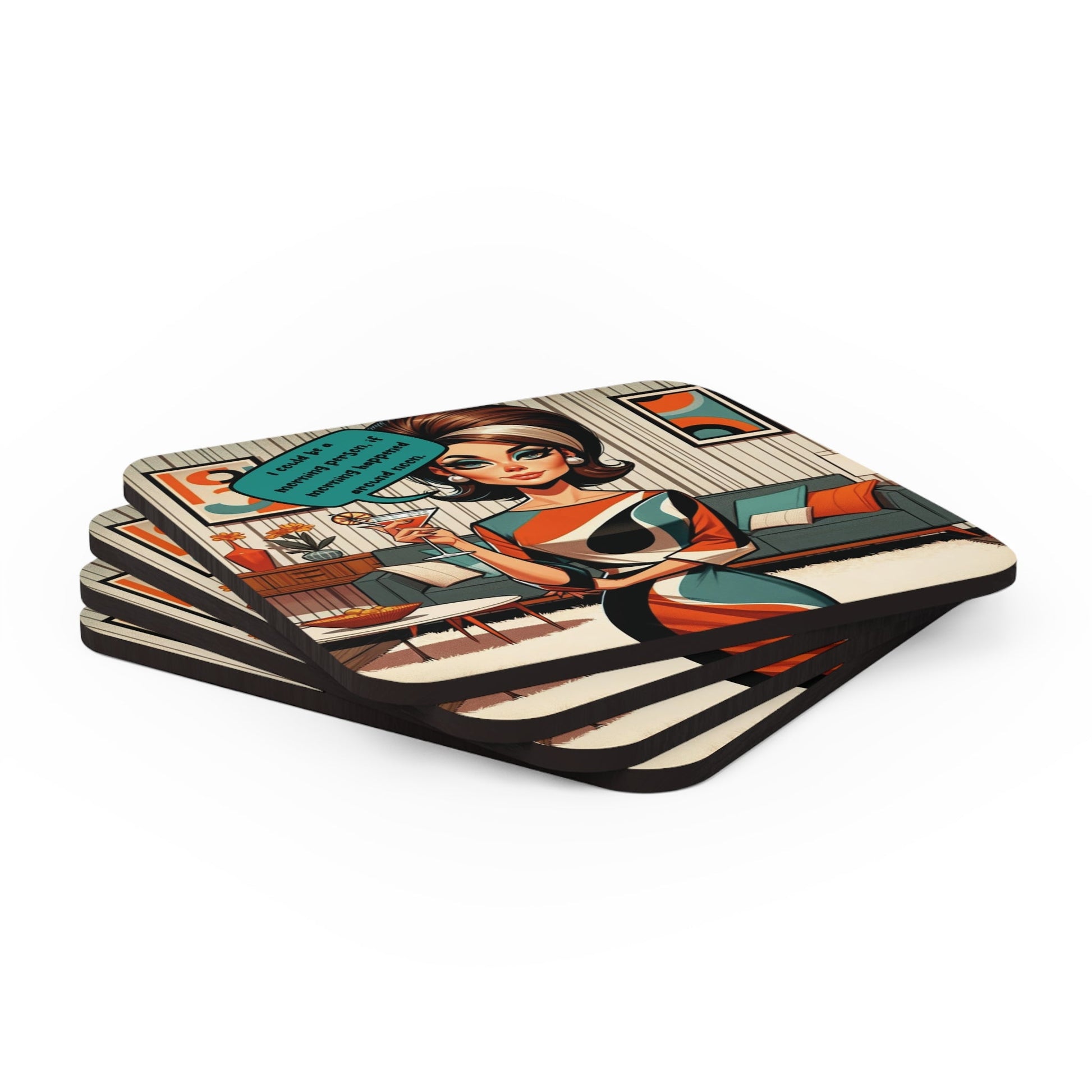 60s Mod Snarky Housewife, Martini Drinking Mod Barware Corkwood Coaster Set - Snarkyhousewife