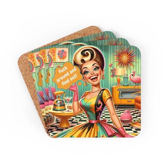 Fuck Around And Find Out Snarky Sarcastic Retro Kitsch Corkwood Coaster Set - Snarkyhousewife