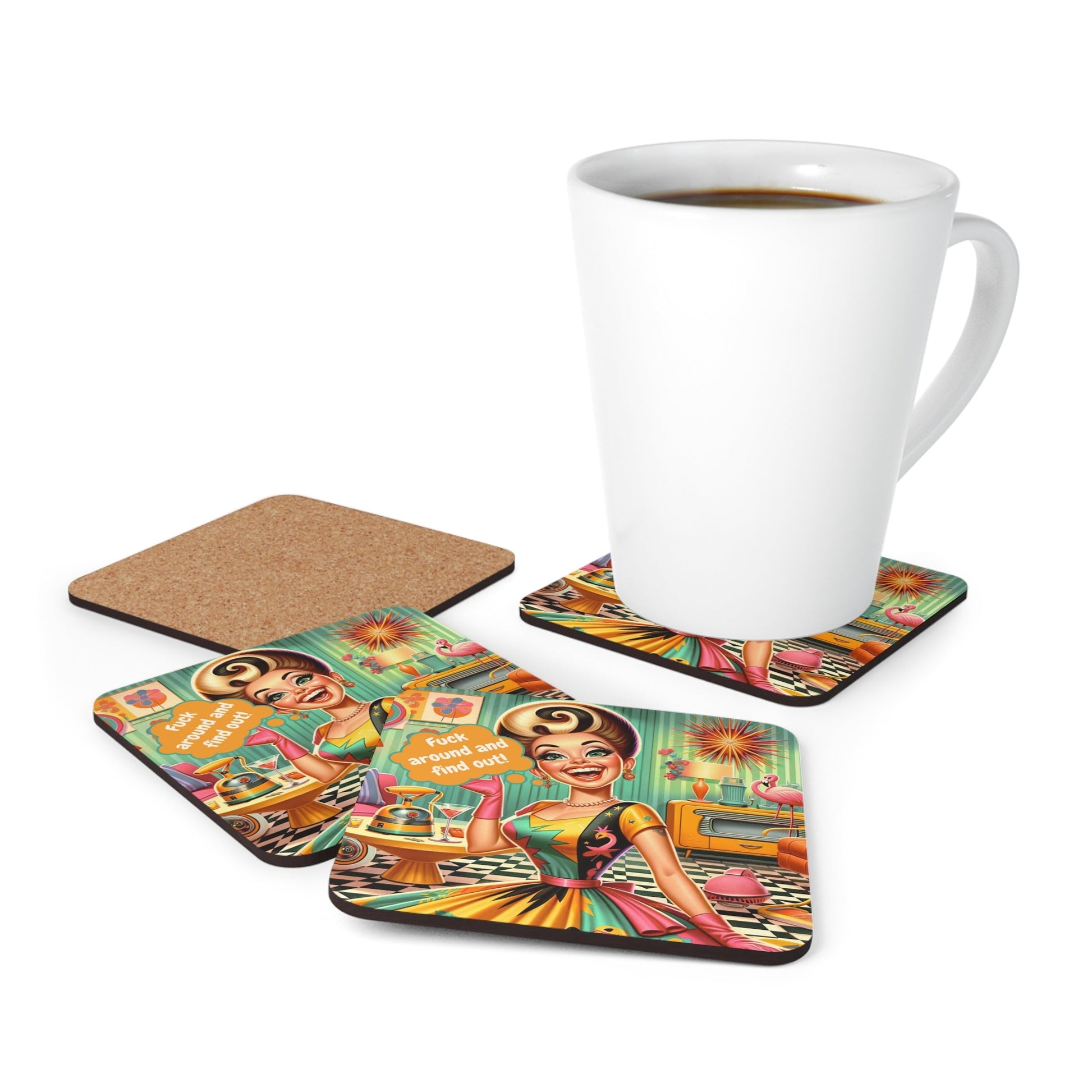 Fuck Around And Find Out Snarky Sarcastic Retro Kitsch Corkwood Coaster Set - Snarkyhousewife