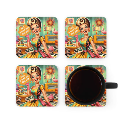 Fuck Around And Find Out Snarky Sarcastic Retro Kitsch Corkwood Coaster Set - Snarkyhousewife