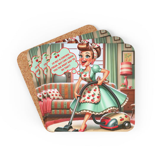 Funny Sarcastic 50s Kitsch Houswife Snarky OCD Clean Freak Saying Corkwood Coaster Set - Snarkyhousewife