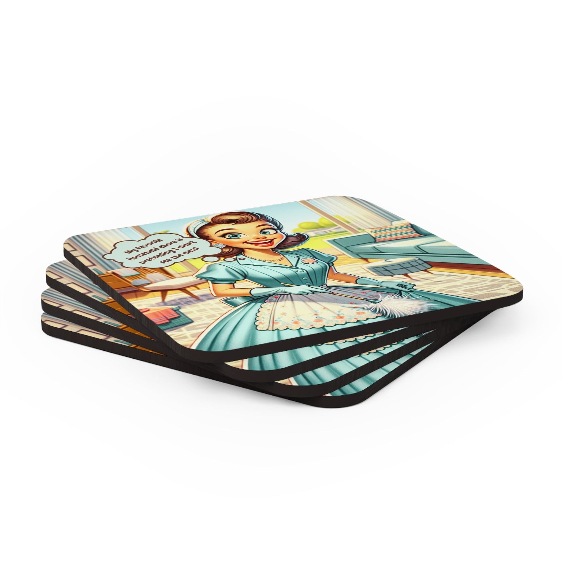 Funny Snarky 50s Housewife, Pun, Mod Cocktail MCM Barware Corkwood Coaster Set - Snarkyhousewife