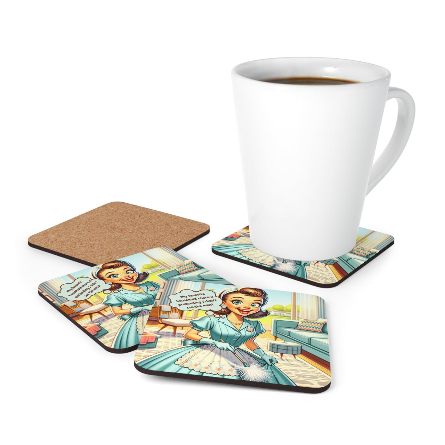 Funny Snarky 50s Housewife, Pun, Mod Cocktail MCM Barware Corkwood Coaster Set - Snarkyhousewife