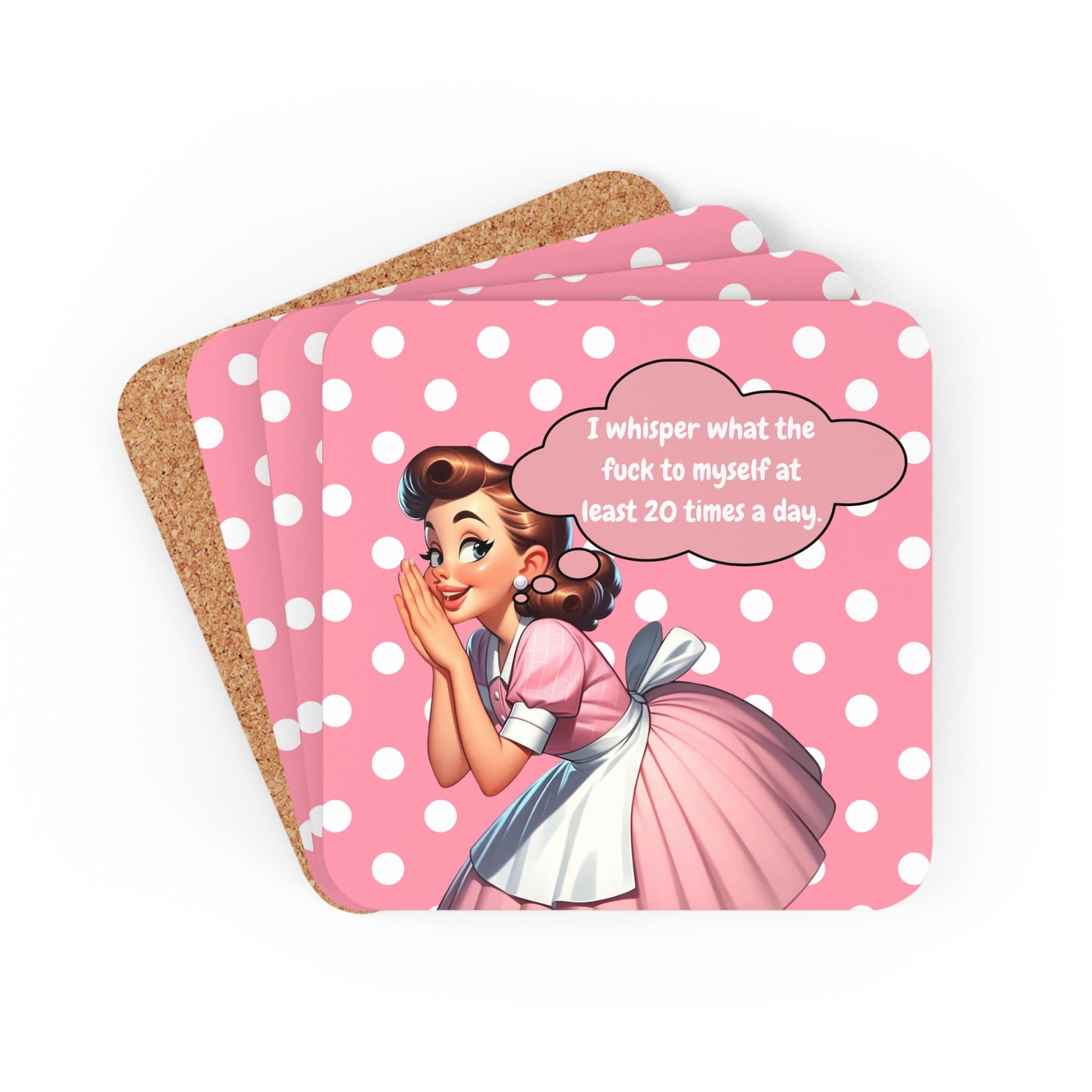 Funny Snarky Sassy Kitchen Housewife Pink And White Polka Dot 50s Housewife Corkwood Coaster Set - Snarkyhousewife