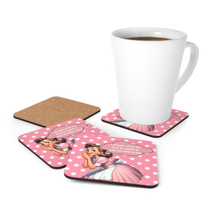 Funny Snarky Sassy Kitchen Housewife Pink And White Polka Dot 50s Housewife Corkwood Coaster Set - Snarkyhousewife