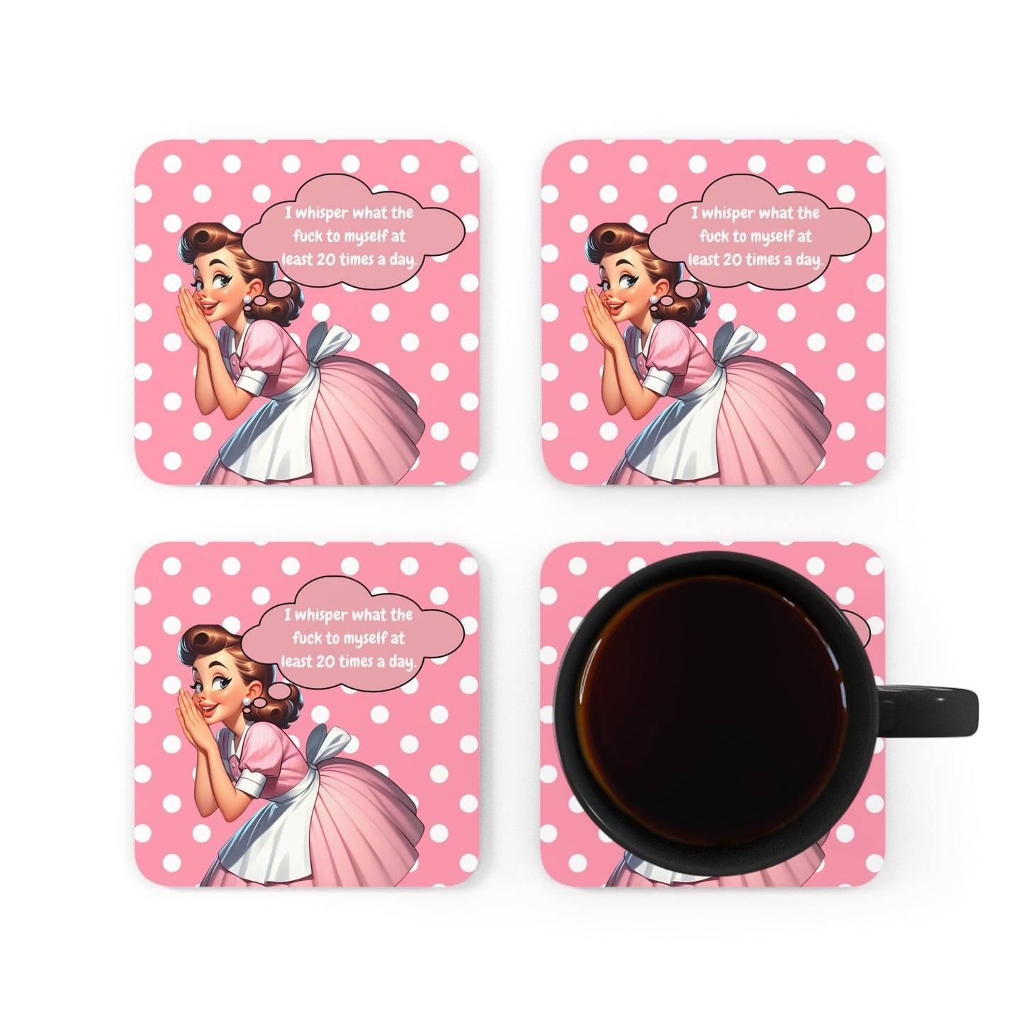 Funny Snarky Sassy Kitchen Housewife Pink And White Polka Dot 50s Housewife Corkwood Coaster Set - Snarkyhousewife