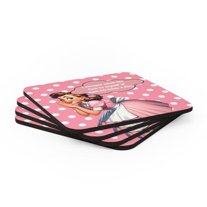 Funny Snarky Sassy Kitchen Housewife Pink And White Polka Dot 50s Housewife Corkwood Coaster Set - Snarkyhousewife