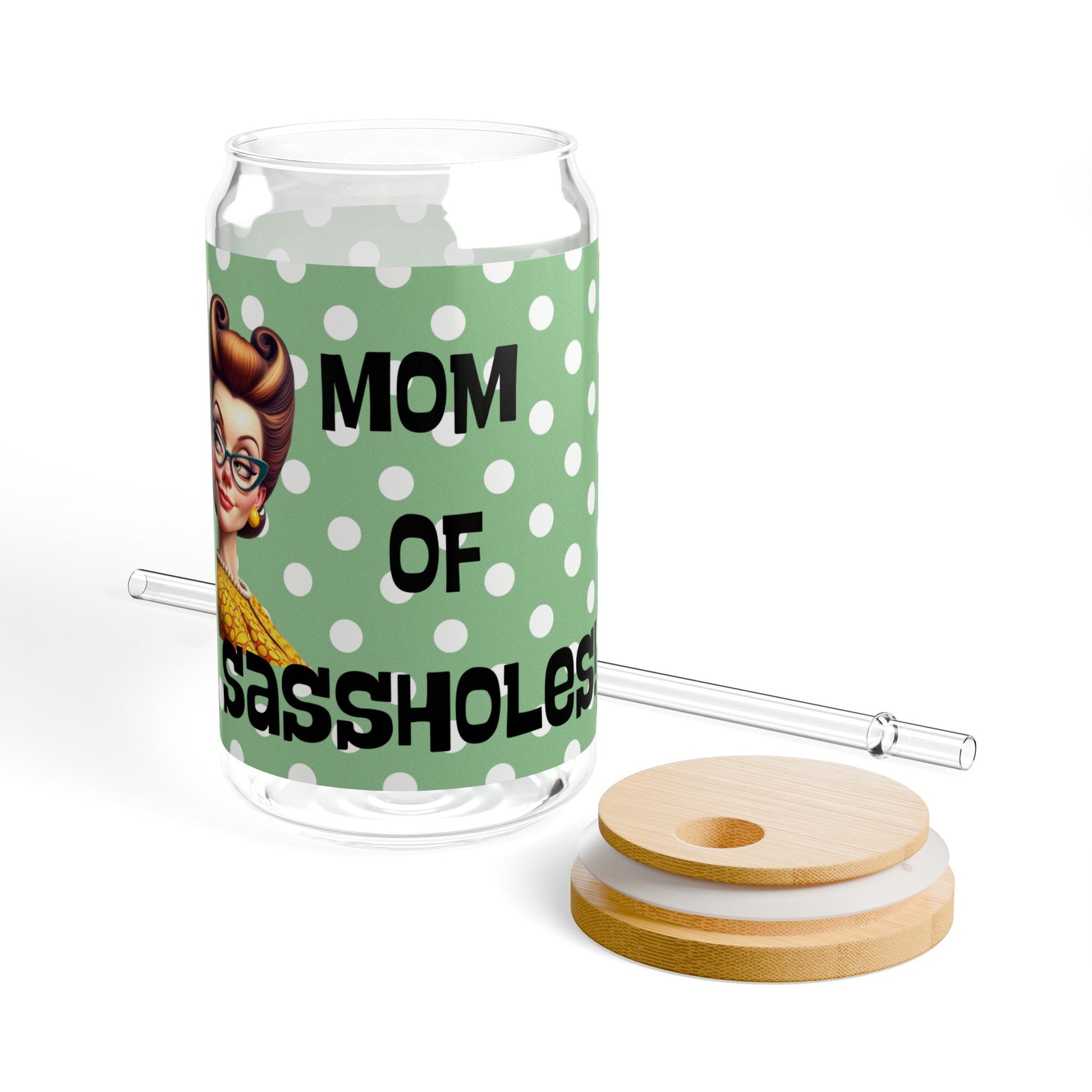 Mom Of Sassholes, Snarky Housewife Retro Polka Dot Sipper Glass, 16oz - Snarkyhousewife