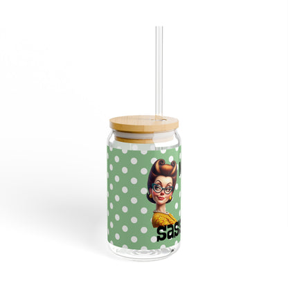 Mom Of Sassholes, Snarky Housewife Retro Polka Dot Sipper Glass, 16oz - Snarkyhousewife