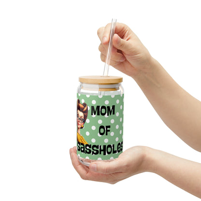 Mom Of Sassholes, Snarky Housewife Retro Polka Dot Sipper Glass, 16oz - Snarkyhousewife