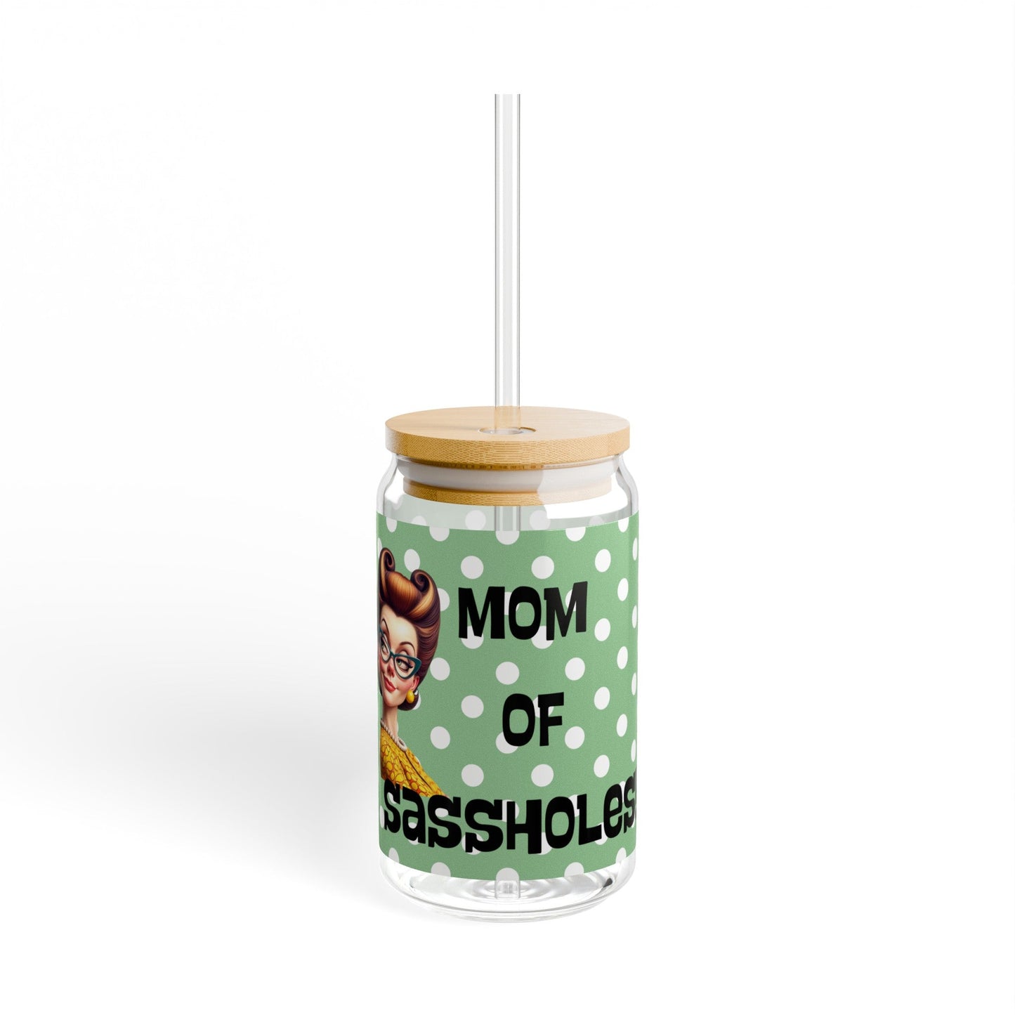 Mom Of Sassholes, Snarky Housewife Retro Polka Dot Sipper Glass, 16oz - Snarkyhousewife