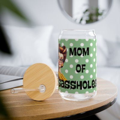 Mom Of Sassholes, Snarky Housewife Retro Polka Dot Sipper Glass, 16oz - Snarkyhousewife