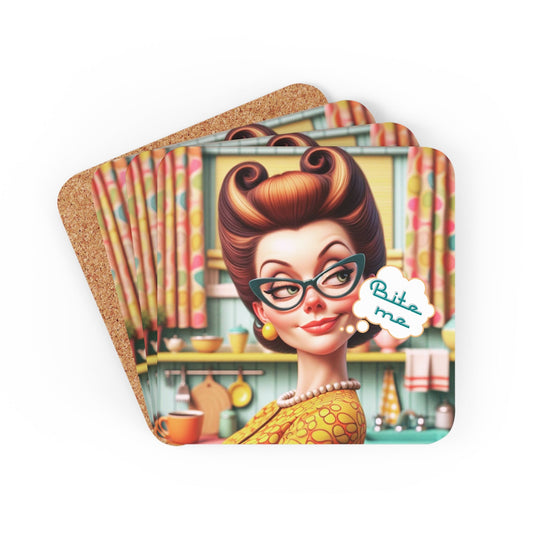 Snarky 50s Housewife, Bite Me, Funny Pun, Snarky Kitschy Gift Corkwood Coaster Set - Snarkyhousewife