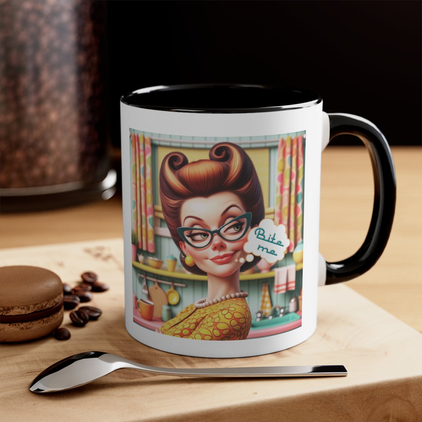 Snarky Housewife, Bite Me, Sarcastic Humor Pun, Funny Coffee Accent Coffee Mug, 11oz - Snarkyhousewife