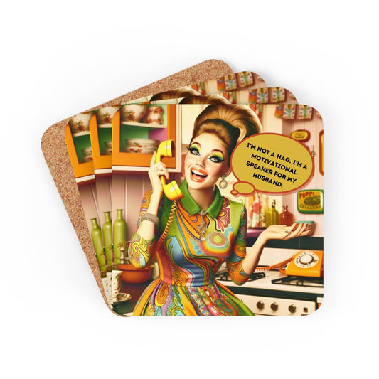 Snarky Housewife Of The 60's, Retor Mod Funny Puns Corkwood Coaster Set - Snarkyhousewife