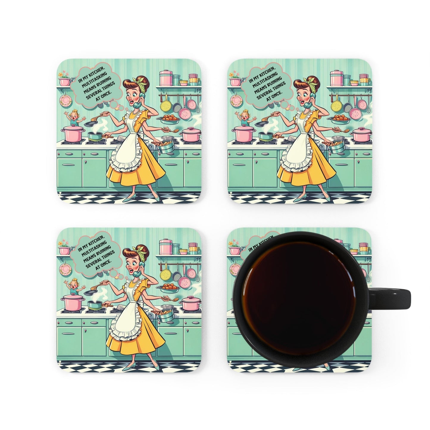 Snarky Sarcastic Funny Kitchen Chaos, Mom Multi-tasking, Funny Puns, Gifts For Mom Corkwood Coaster Set - Snarkyhousewife