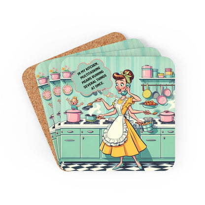 Snarky Sarcastic Funny Kitchen Chaos, Mom Multi-tasking, Funny Puns, Gifts For Mom Corkwood Coaster Set - Snarkyhousewife