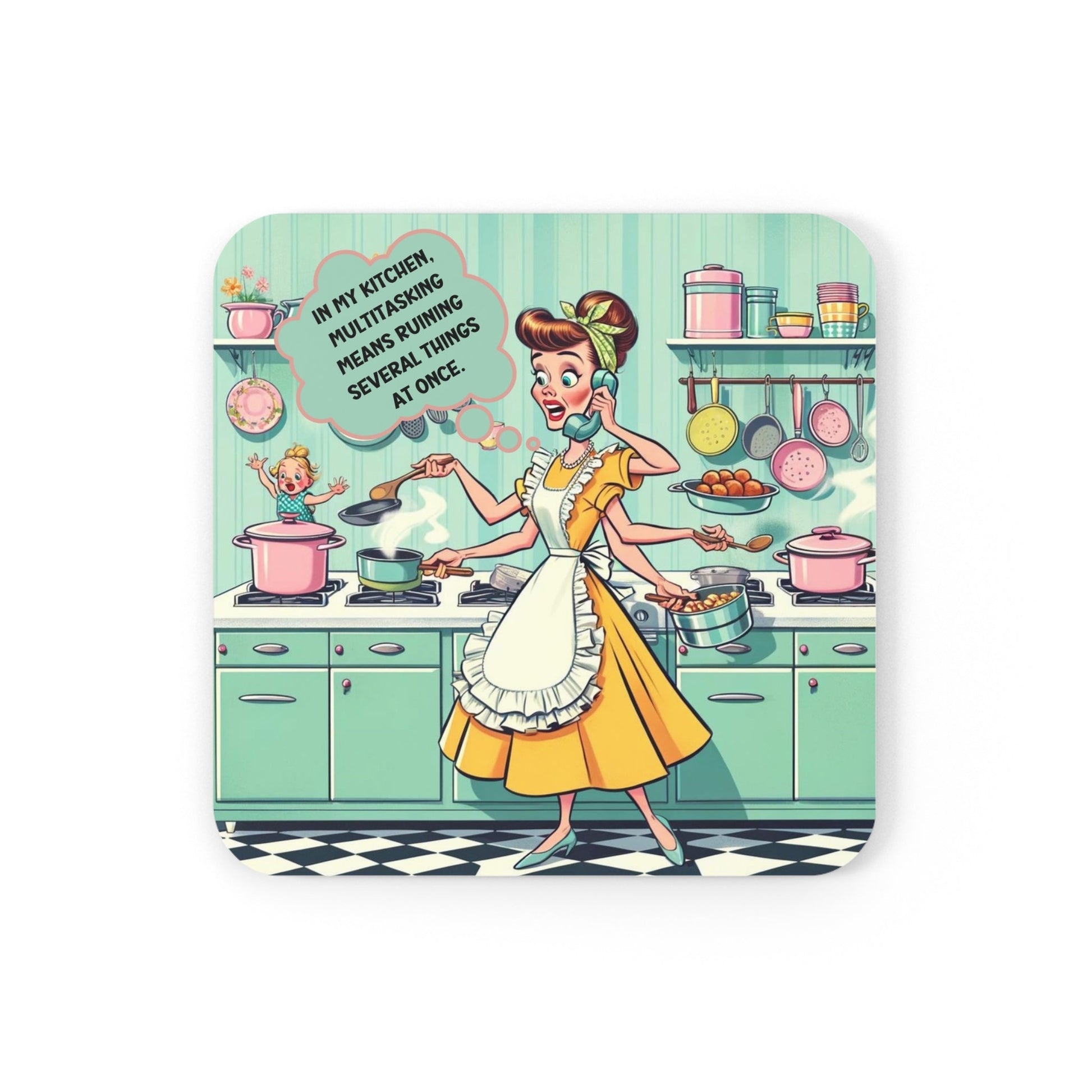 Snarky Sarcastic Funny Kitchen Chaos, Mom Multi-tasking, Funny Puns, Gifts For Mom Corkwood Coaster Set - Snarkyhousewife