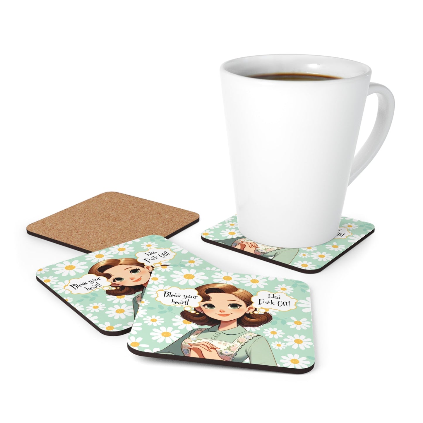 Southern Sass Snarky 50s Housewife, Kitschy Funny Bless Your Heart Corkwood Coaster Set - Snarkyhousewife