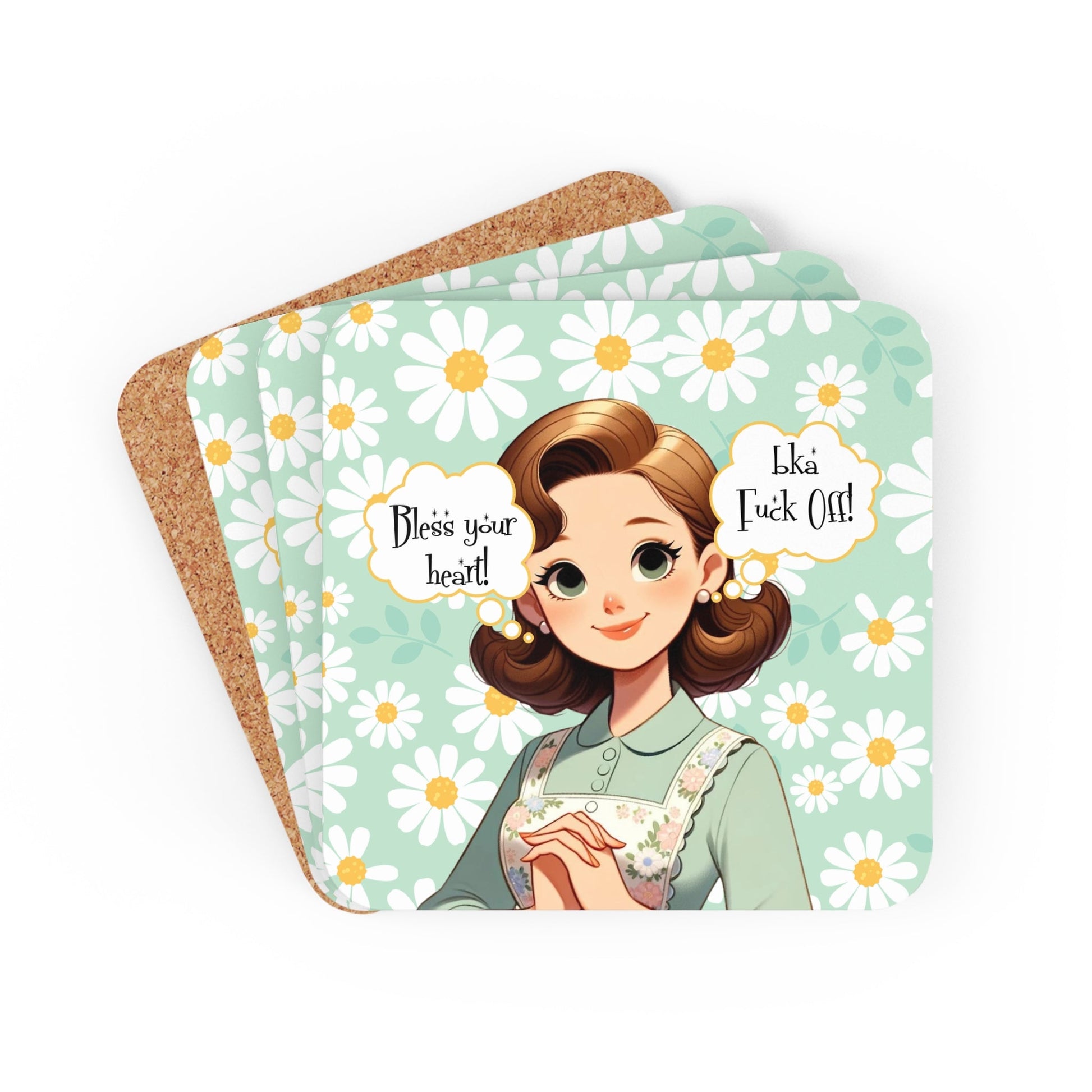 Southern Sass Snarky 50s Housewife, Kitschy Funny Bless Your Heart Corkwood Coaster Set - Snarkyhousewife