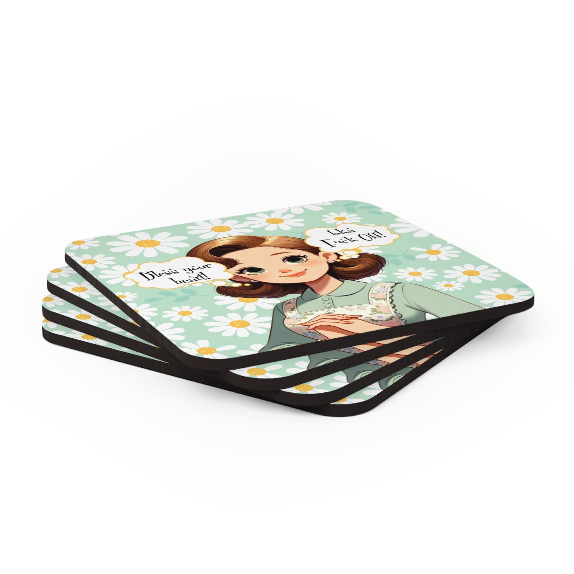 Southern Sass Snarky 50s Housewife, Kitschy Funny Bless Your Heart Corkwood Coaster Set - Snarkyhousewife