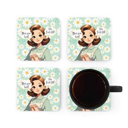 Southern Sass Snarky 50s Housewife, Kitschy Funny Bless Your Heart Corkwood Coaster Set - Snarkyhousewife