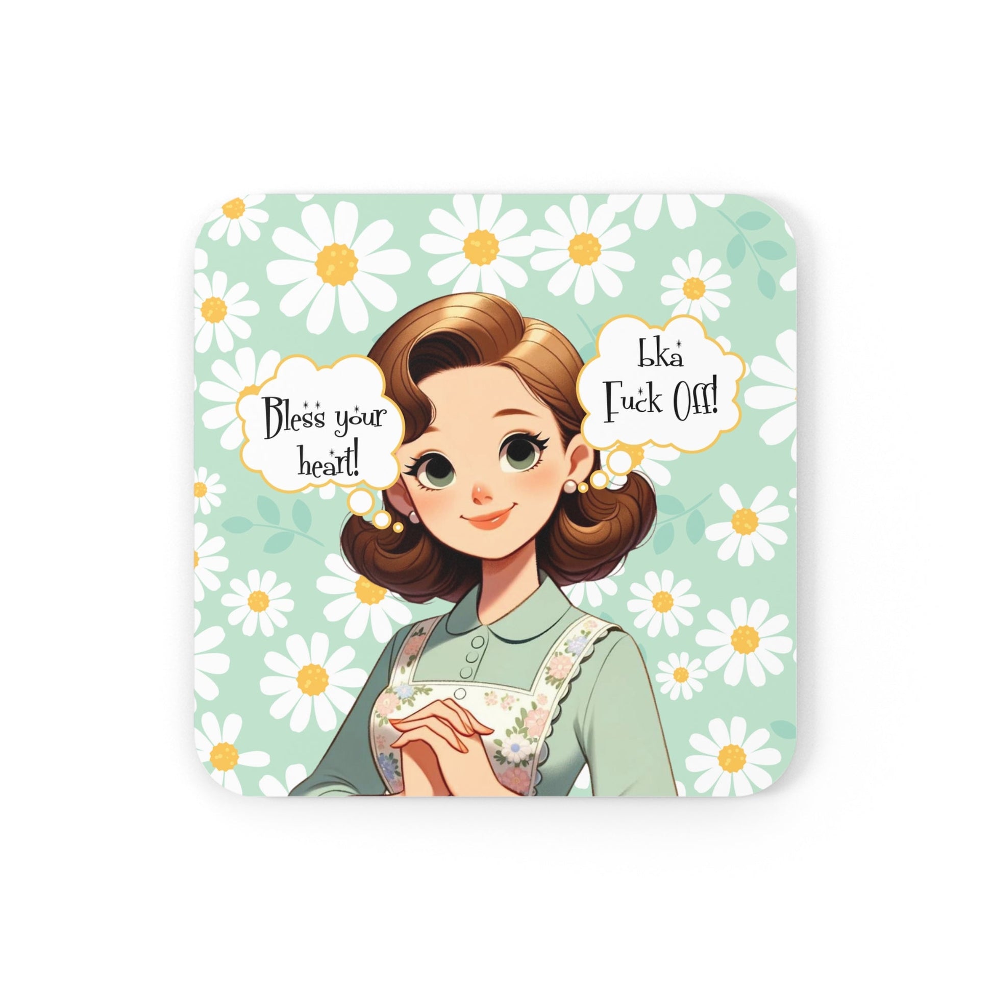 Southern Sass Snarky 50s Housewife, Kitschy Funny Bless Your Heart Corkwood Coaster Set - Snarkyhousewife