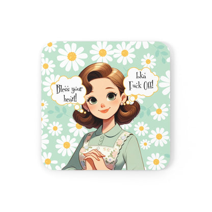 Southern Sass Snarky 50s Housewife, Kitschy Funny Bless Your Heart Corkwood Coaster Set - Snarkyhousewife